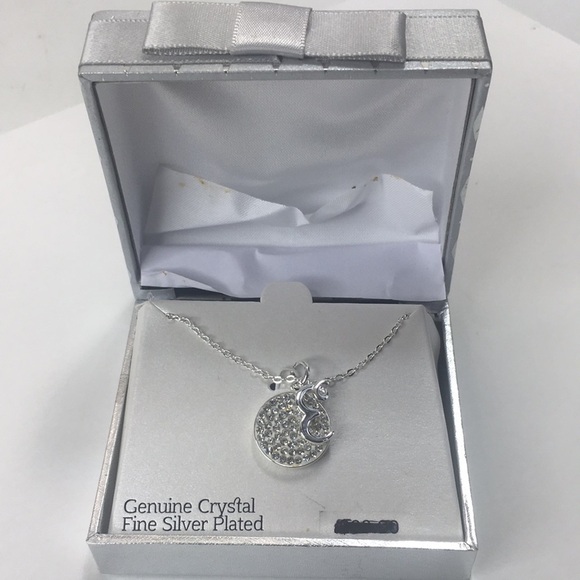 New Genuine Crystal Fine Silver Plated Disc Initial E necklace 18" Chain in Box - Picture 1 of 4
